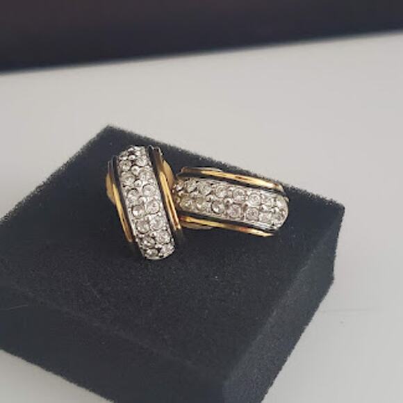 VTG Swarovski Half Hoop Earrings Black Enamel Accents Swan Signed 80's Clip On - Picture 5 of 6